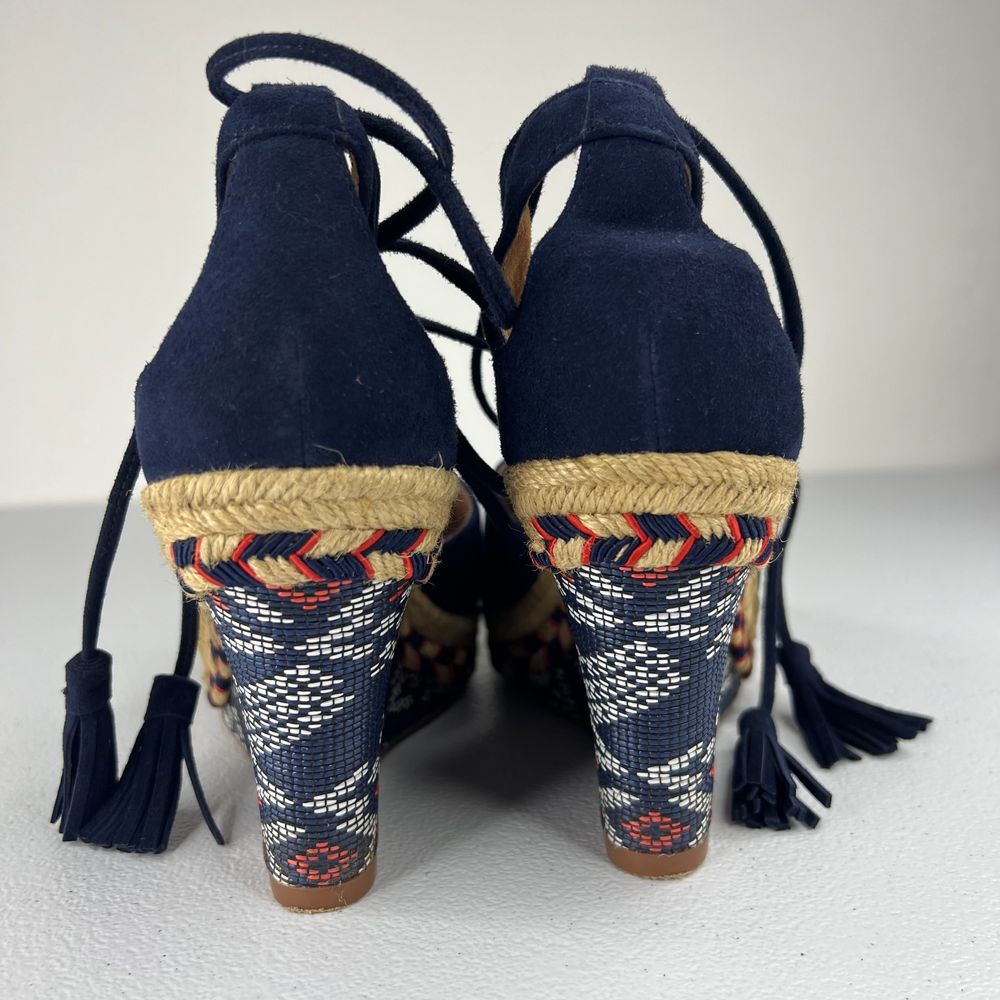 Cabi Isla Espadrille Wedge Sandal Navy Blue Suede Ankle Tie Up Tassels Western 6 - Picture 10 of 13